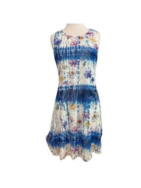 Alison Sheri  dress sleeveless white floral prints blue tie dye round medium